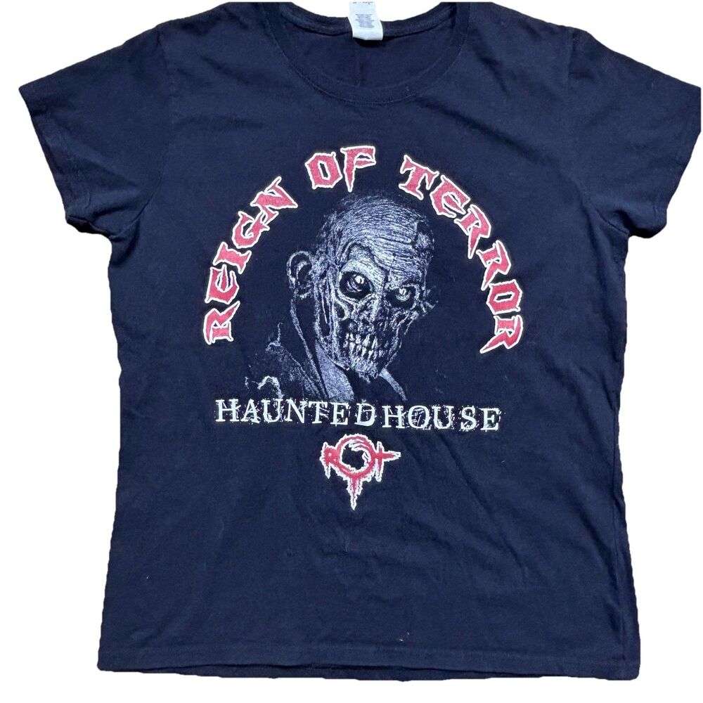 Graphic T Shirt Haunted House Reign of Terror  Women’s Black Horror Tee Size L